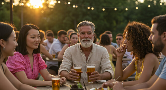 Group of diverse people enjoying drinks and food at an outdoor gathering with string lights above them all