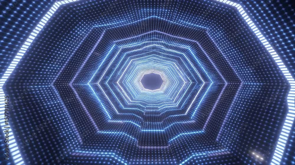 Poster glowing hexagonal tunnel animation with pulsing blue neon lights
