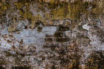 Distressed brick wall with weathered stucco displays rustic textures and organic patterns in a...