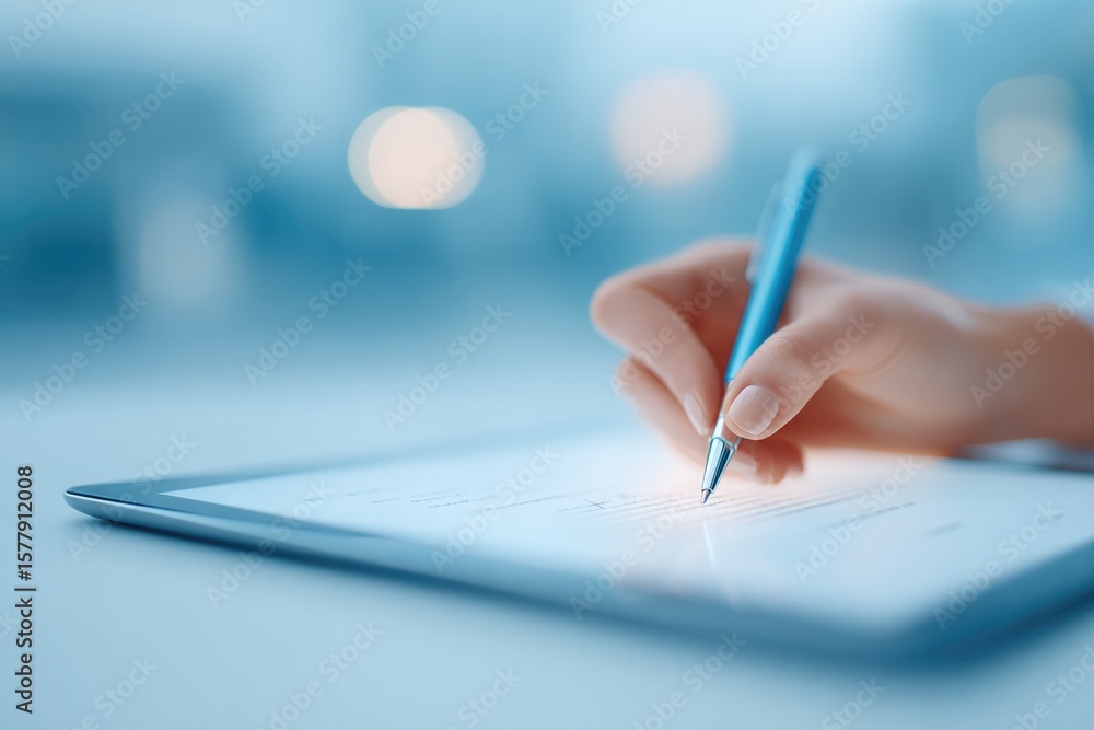 Poster digital freelance contract signing via virtual workspace with floating signatures