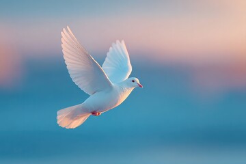 Fototapeta premium flying upward into blue sky with warm light symbolizing peace