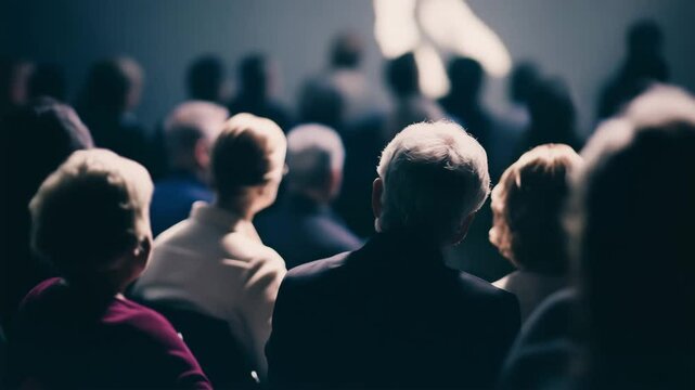 A gathered group of elderly individuals attentively listens as a speaker shares insights. Soft lighting creates an inviting atmosphere, enhancing the emotional connection among attendees