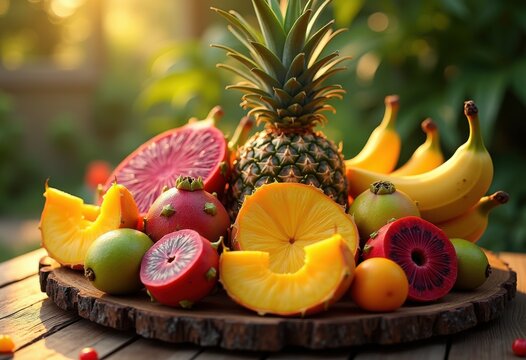 vibrant colorful fruit arrangement rustic wooden platter tropical delight juicy bounty exquisite display freshness, citrus, berry, melon, kiwi, orange, grape