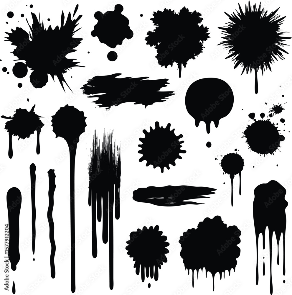Poster set of black ink blots and splashes with tree and nature silhouettes vector design elements