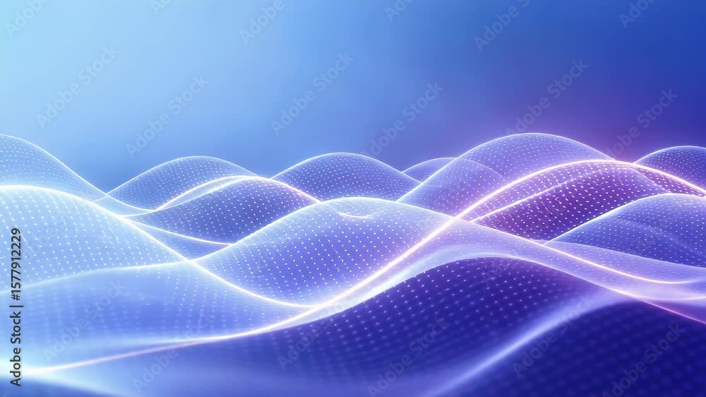 Poster flowing digital particle wave animation with luminous blue energy lines