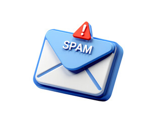 Spam email warning, 3d blue envelope with red alert triangle, junk mail notification isolated