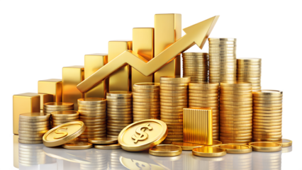 Stacks of gold coins and an upward arrow represent financial growth, investment success, and wealth accumulation isolated on transparent background