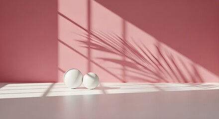 Two white spheres on a pink background with dramatic shadows from palm leaves and blinds