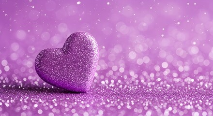 Obraz premium Sparkling purple glitter heart on a soft bokeh background with scattered sparkles