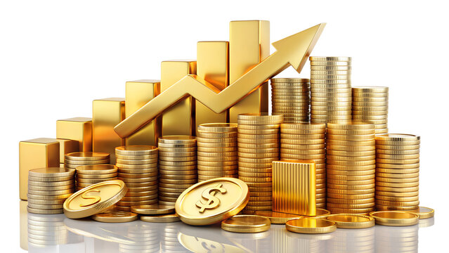Stacks of gold coins and an upward arrow represent financial growth, investment success, and wealth accumulation isolated on transparent background