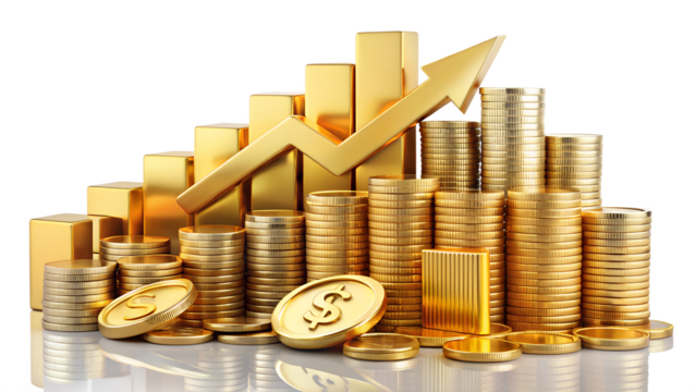 Stacks of gold coins and an upward arrow represent financial growth, investment success, and wealth accumulation isolated on transparent background
