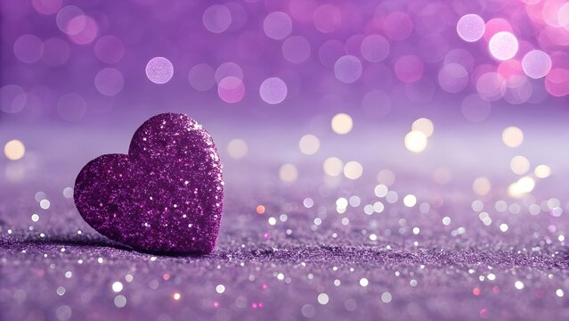 Sparkling purple heart shape with soft bokeh lights in the background for romantic themes