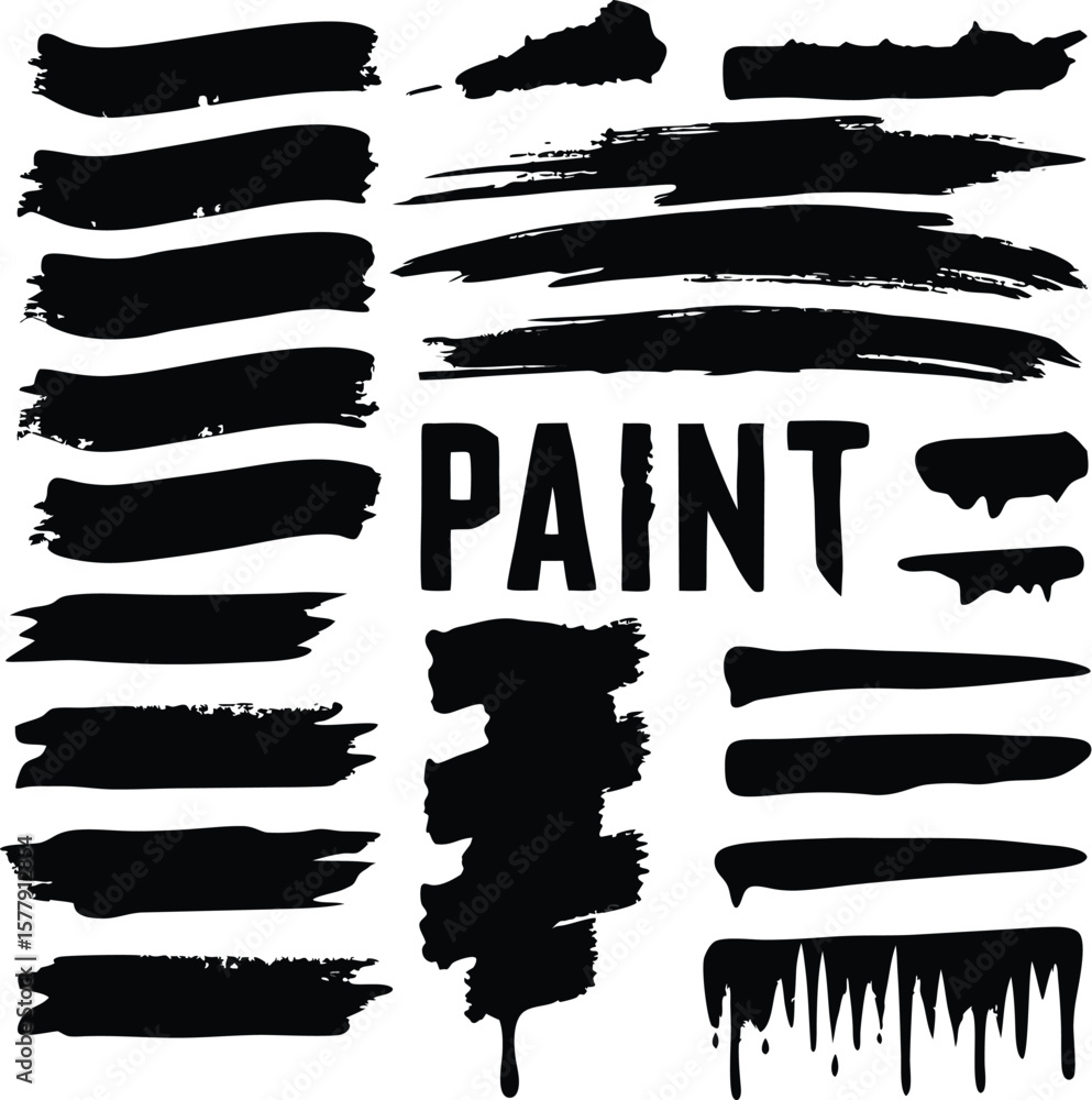 Poster set of grunge banners and brushes with paint splashes and ink textures in vector design elements