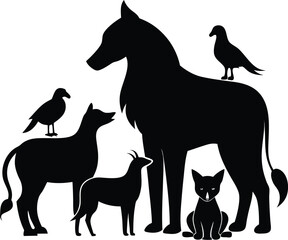 Animal silhouettes vector with dogs birds and wildlife in black design style