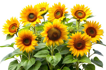 Fototapeta premium Photo of a vibrant bouquet of sunflowers with lush green leaves, isolated on a clean transparent background