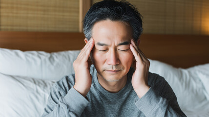 中年の日本人の男性がベッドで頭痛をこらえる
