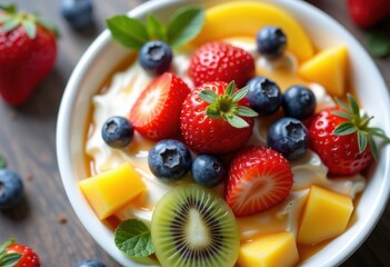 creamy yogurt texture flavorful fresh fruit toppings healthy snack indulgence culinary delight colorful presentation, dessert, dairy, smooth, rich, delicious, filling