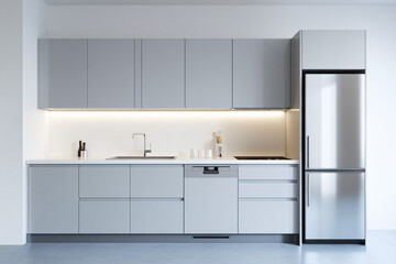 minimalist grey kitchen with handleless cabinets, integrated refrigerator and dishwasher
