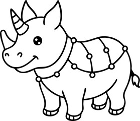 Fototapeta premium Cute rhinoceros with two horns and decorative lights smiling happily in simple line art style