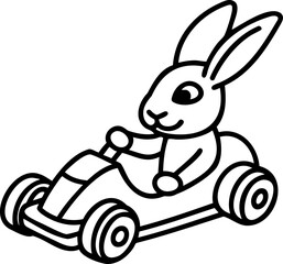 Rabbit driving toy car with large wheels, playful and cute animal illustration in simple line art style