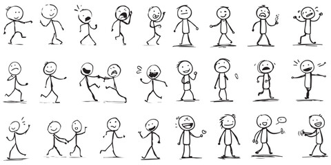 Collection of hand drawn stick figure characters expressing various emotions and actions in a silhouette style