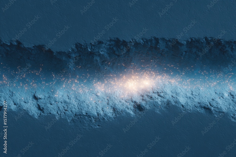 Aufkleber drone-style overhead of broken concrete terrain revealing glowing pipeline beneath visualizing hidde