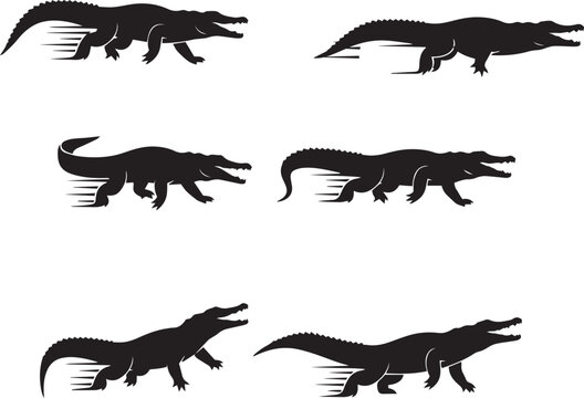 running crocodile silhouette vector, black and white crocodile in motion, minimalistic crocodile running illustration, crocodile sprint side view silhouette, wild crocodile in action vector, reptile 