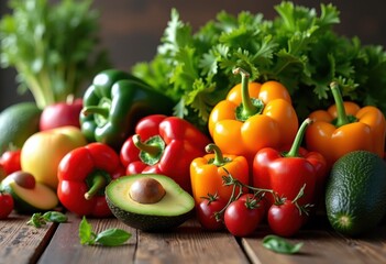 vibrant fruit vegetable arrangement colorful healthy eating fresh produce artisan display, harvest, basket, market, ripe, seasonal, nature, vegan, salad
