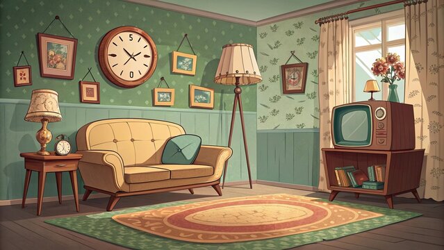 Vintage Living Room Interior with Retro TV and Furniture – Cartoon Vector Illustration