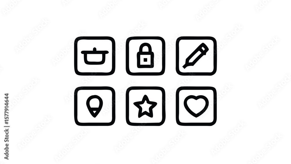 Poster set of hand drawn square icons for web and app design