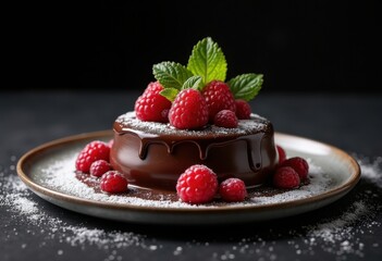 decadent dark chocolate dessert topped lush vibrant fruit accents tempting sweet indulgence, berry, cocoa, treat, colorful, raspberry, strawberry, blueberry