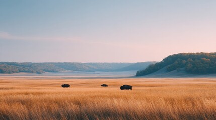 Obraz premium drone-view of herd of bison grazing on prairie under open sky long grasses visible