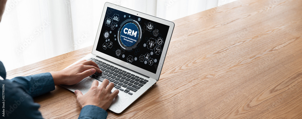 Poster customer relationship management system on modish computer for crm business and enterprise