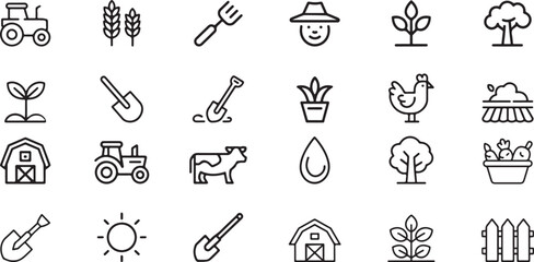Naklejka premium Farm icons tractor barn wheat plants cow chicken vector
