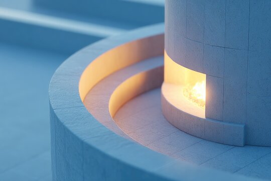 drone-view of sunken curved seating in front of sculpted fireplace in ambient lounge