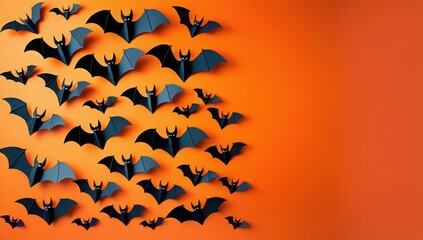 A swarm of black paper bats flies across a vibrant orange background