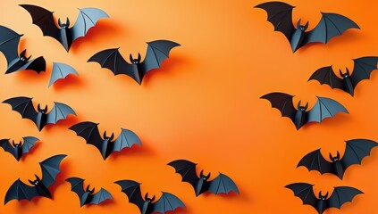 Naklejka premium A swarm of black paper bats scattered across a vibrant orange background