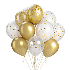 A festive bunch of gold and white balloons with confetti and star designs, perfect for a birthday party or celebratory event isolated on transparent background