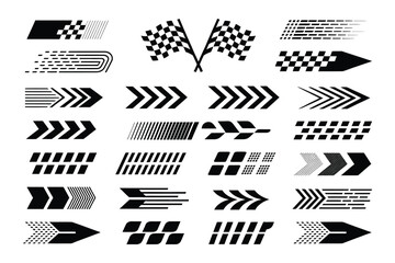 Racing car stripes set with checkered flag, finish line, dynamic lines, and motocross labels for motorsport and automotive competition designs