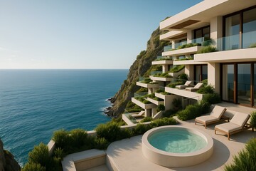 Cliff villa with cascading terraces, outdoor jacuzzi, and panoramic ocean view