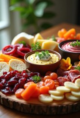 deconstructed charcuterie platter colorful dips gourmet treats savory bites artful arrangement, buffet, spread, appetizer, olive, cheese, hummus, fruit
