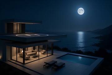 Ultramodern villa with helipad, glass-walled living room, and moonlit coastline view