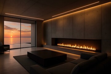 Ultramodern interior with fireplace, concrete walls, built-in lights, and sunset view over the sea
