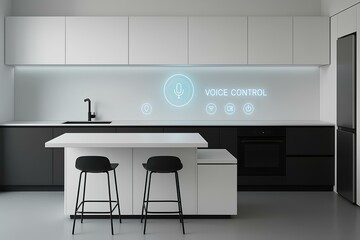 Smart minimalist kitchen with voice-controlled appliances, retractable island, projection interface on backsplash, ultra-modern and clean look
