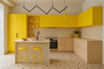 Open modern kitchen with bold yellow accents, terrazzo floor, flat-panel cabinetry, geometric lighting, playful and trendy design