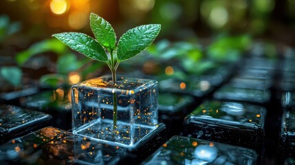 A futuristic polygonal illustration, where a tiny green seedling sprouts from a glowing, transparent cube, symbolizing the transformative power of technology in green business and environmental 
