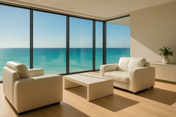 Modern-style living room with panoramic windows, white leather armchairs, flooded with sunlight, view of the turquoise sea