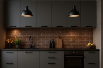 Modern urban apartment kitchen with red brick backsplash, matte gray cabinetry, black industrial pendant lights, cozy urban chic aesthetic
