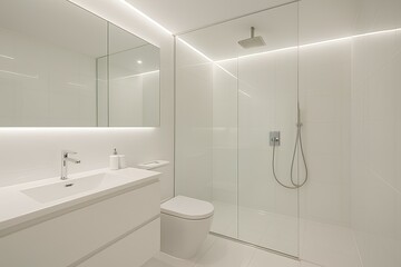 Modern bathroom with LED ceiling perimeter lighting, glossy white surfaces, and glass partition