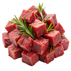 A pile of fresh, raw beef cubes garnished with rosemary sprigs, isolated on transparent background